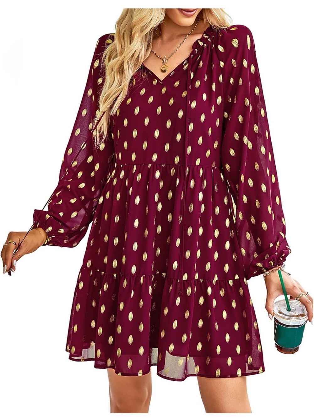 Women's Burgundy Long Sleeve Tiered V-Neck Dress with Gold Dot